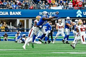 Seahawks receiver DK Metcalf (14) attempts to catch a pass against the San Francisco 49ers at Lumen Field in Seattle on Thursday, Oct. 10, 2024. (Photo courtesy of Edwin Hooper / Seattle Seahawks)