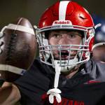 Stanwoods Cole Williams reacts to the referee call an incomplete pass instead of an interception during the game against Arlington on Friday, Oct. 11, 2024 in Stanwood, Washington. (Olivia Vanni / The Herald)