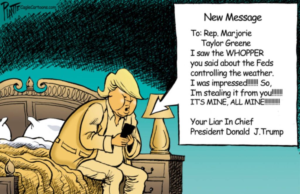 Trump sitting on the bed tweeting to MTG, Rep. Marjorie Taylor Greene, crazy, conspiracy theories, Queen of Conspiracies, X, hurricanes, Helene, Milton, Florida, Georgia, Tennessee, South Carolina, North Carolina, Virginia, Southeast, FEMA, lies