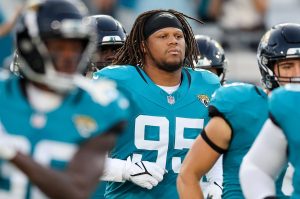 Roy Robertson-Harris (95) of the Jacksonville Jaguars takes the field against the Tampa Bay Buccaneers during a preseason game at EverBank Field on Aug. 17, 2024, in Jacksonville, Florida. (Mike Carlson / Getty Images / Tribune News Service)
