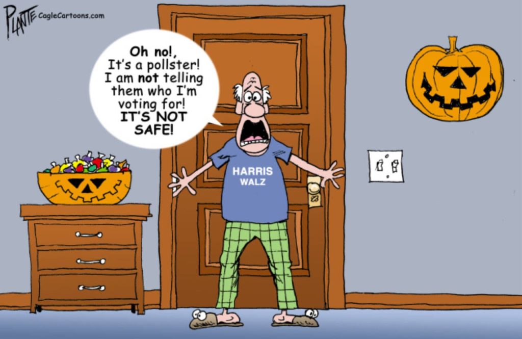 A man near halloween blocks his door from pollsters, bad polls, scary, not safe, democrat, Kamala, Harris voter, Trump fan, violence, peer pressure, election 2024, GOP, DNC, RNC, Republican Party, Democratic Party, Presidential  Campaign