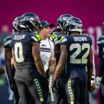 Seahawks head coach Mike Macdonald instructs defensive players during the final minutes of a game against the New York Giants at Lumen Field on Oct. 6, 2024. (Photo courtesy of Rod Mar / Seattle Seahawks)