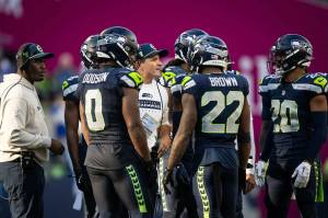 Seahawks head coach Mike Macdonald instructs defensive players during the final minutes of a game against the New York Giants at Lumen Field on Oct. 6, 2024. (Photo courtesy of Rod Mar / Seattle Seahawks)