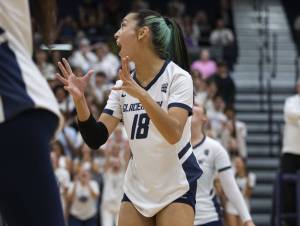 Glacier Peaks Lucy Cornelius reacts to a point during the game against Glacier Peak on Wednesday, Sept. 25, 2024 in Snohomish, Washington. (Olivia Vanni / The Herald)