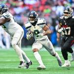 Seahawks running back Kenneth Walker III (9) runs the ball against the Atlanta Falcons at Mercedes-Benz Stadium on Sunday, Oct. 20, 2020. (Photo courtesy of the Seattle Seahawks)