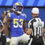 Los Angeles Rams inside linebacker Ernest Jones IV (53) celebrates a tackle in the first half against the Arizona Cardinals at SoFi Stadium in Los Angeles on Nov. 13, 2022. (Allen J. Schaben/Los Angeles Times/TNS)