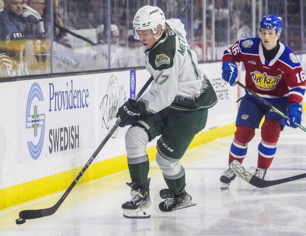 Silvertips Julias Miettinen skates down the ice with the puck during the game against the Edmonton Oil Kings on Friday, Oct. 25, 2024 in Everett, Washington. (Olivia Vanni / The Herald)