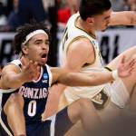 Rebecca Villagracia / Tribune News Services
Gonzaga Bulldogs guard Ryan Nembhard (0) reacts during the NCAA Tournament at Little Caesars Arena in Detroit on March 29.