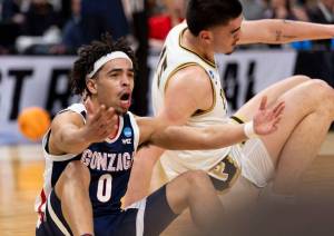 Gonzaga Bulldogs guard Ryan Nembhard (0) reacts during the NCAA Tournament at Little Caesars Arena in Detroit on Friday, March 29, 2024. (Rebecca Villagracia / Tribune News Services)
