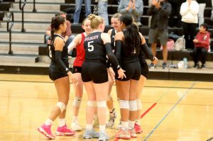 Members of the Archbishop Murphy volleyball team celebrate after scoring a point in a Wesco 3A/2A South matchup against Edmonds-Woodway in Everett, Wash., on Oct. 9, 2024. The unranked Wildcats won 3-1 and handed the No. 10 Warriors their first loss of the season. (Taras McCurdie / The Herald)