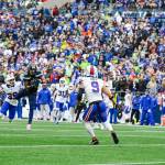 Seahawks receiver Jaxon Smith-Njigba (11) catches a pass in front of a crowd of mixed Seattle and Buffalo Bills fans at Lumen Field on Oct. 27, 2024 (Photo courtesy of Edwin Hooper / Seattle Seahawks)