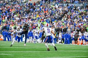 Seahawks receiver Jaxon Smith-Njigba (11) catches a pass in front of a crowd of mixed Seattle and Buffalo Bills fans at Lumen Field on Oct. 27, 2024 (Photo courtesy of Edwin Hooper / Seattle Seahawks)