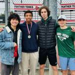Edmonds-Woodway boys tennis state qualifiers Nalu Akiona (left) and Steven Anderson (second from left) pose with Edmonds-Woodways state-alternate doubles team of Arman Mkrtychev and Liam Milstead at the District 1 3A tennis championships at Snohomish H.S. on Oct. 30. 2024. (Photo courtesy of Eric Akiona)