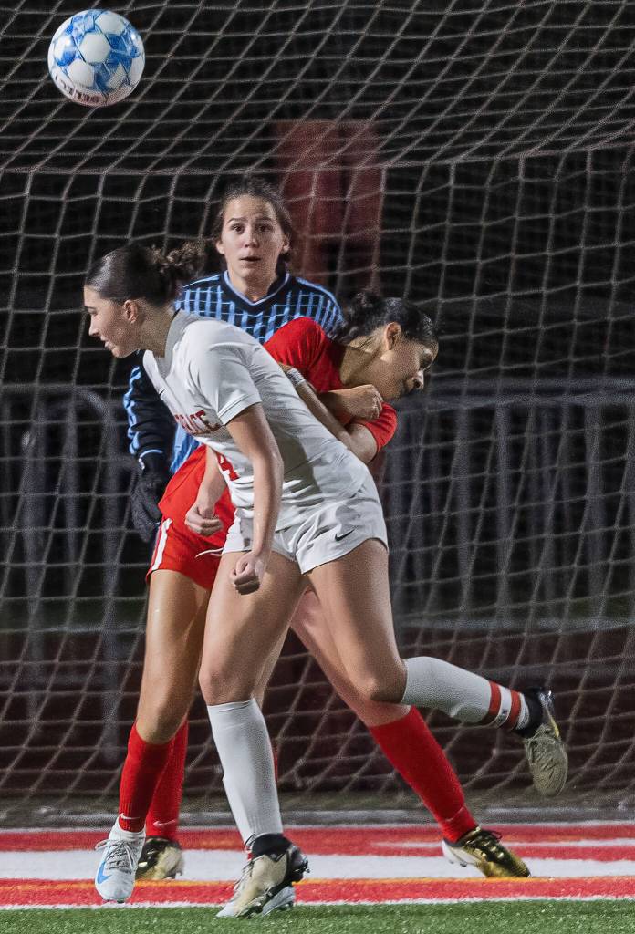 Mountlake Terraces Claire August deflects the ball into the net to score during the 3A district game against Stanwood on Thursday, Oct. 31, 2024 in Stanwood, Washington. (Olivia Vanni / The Herald)