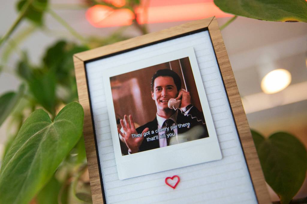 A photo of Twin Peaks character Dale Cooper sits on the counter at Twedes Cafe on Sunday, June 9, 2024, in North Bend, Washington. (Ryan Berry / The Herald)