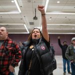 Gina Forbush, of Gig Harbor, Wash., reacting to news that striking Boeing machinists had rejected a tentative labor contract, at the IAM 751 Union Hall in Seattle on Oct. 23, 2024. Boeing’s largest union rejected a tentative labor contract on Wednesday by a wide margin, extending a damaging strike and adding to the mounting financial problems facing the company, which hours earlier had reported a $6.1 billion loss. (M. Scott Brauer/The New York Times)