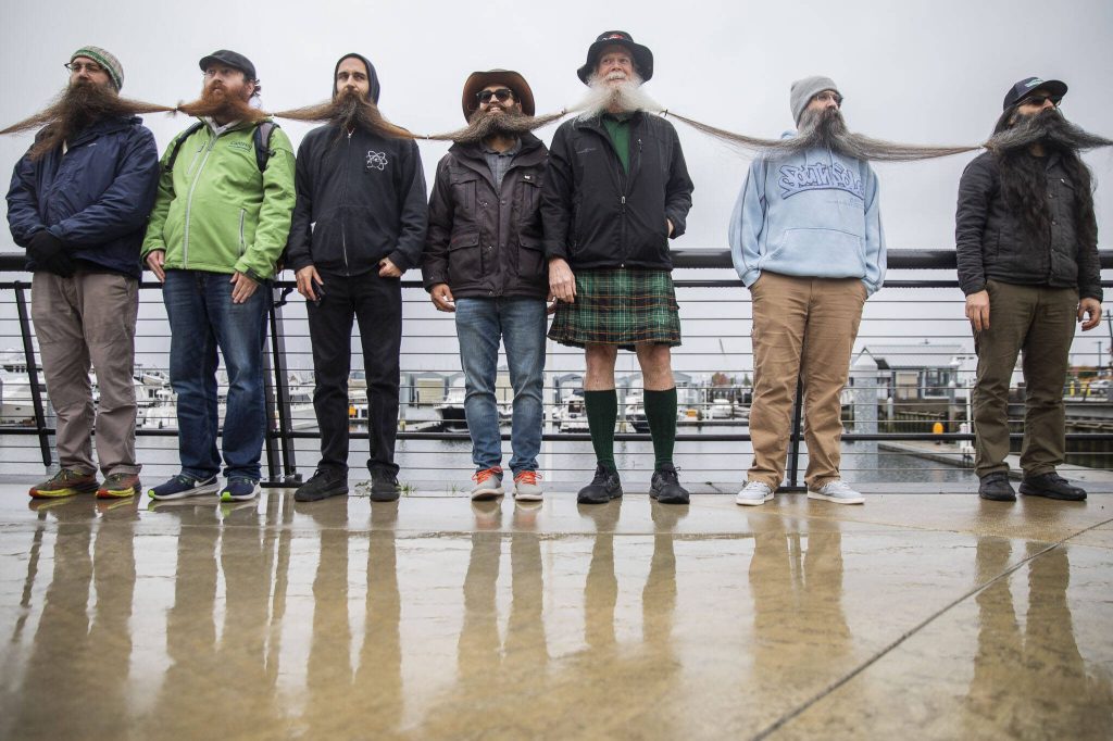 People wait to have their beards measured in a Guinness World Record Beard Chain Attempt at Pacific Rim Plaza on Friday, Nov. 1, 2024 in Everett, Washington. (Olivia Vanni / The Herald)