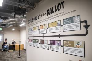 A wall diagram shows the “journey of the ballot” at the new Elections Center on Tuesday, July 9, 2024 in Everett, Washington. (Olivia Vanni / The Herald)