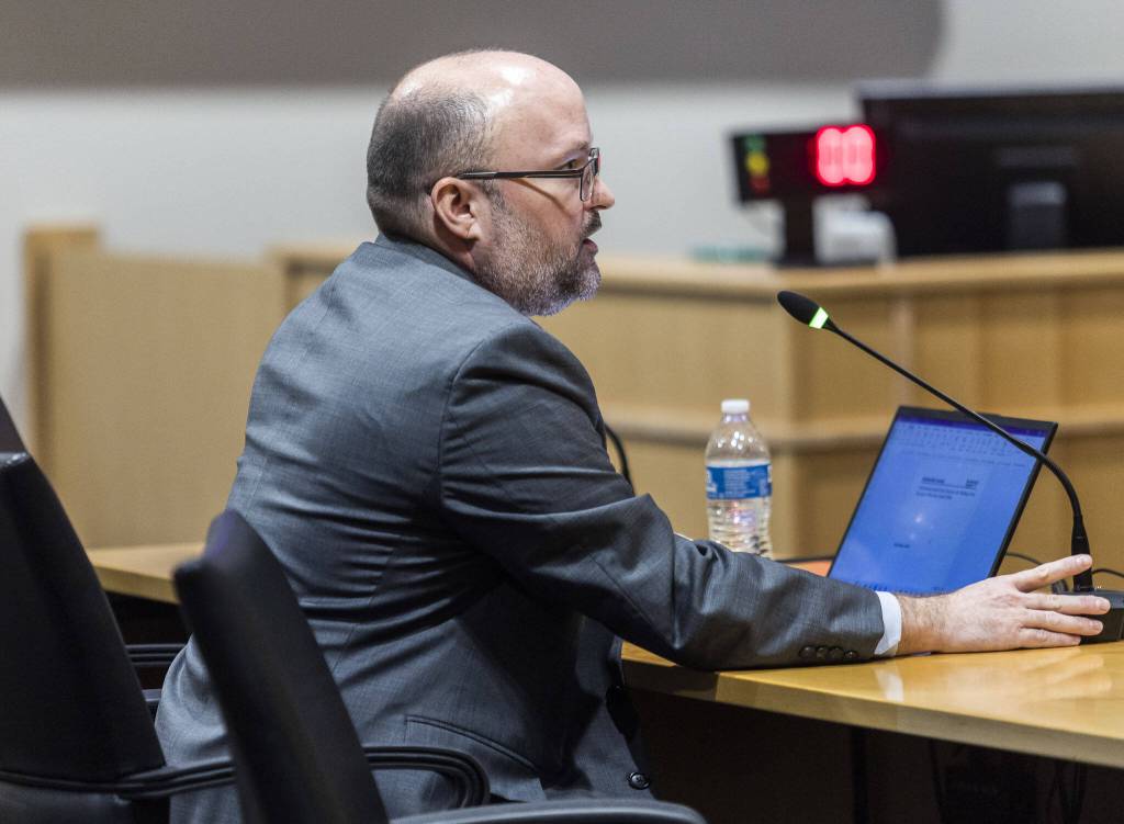 George Skiles answers questions from Snohomish County Council members of his audit findings on Wednesday, Nov. 13, 2024 in Everett, Washington. (Olivia Vanni / The Herald)