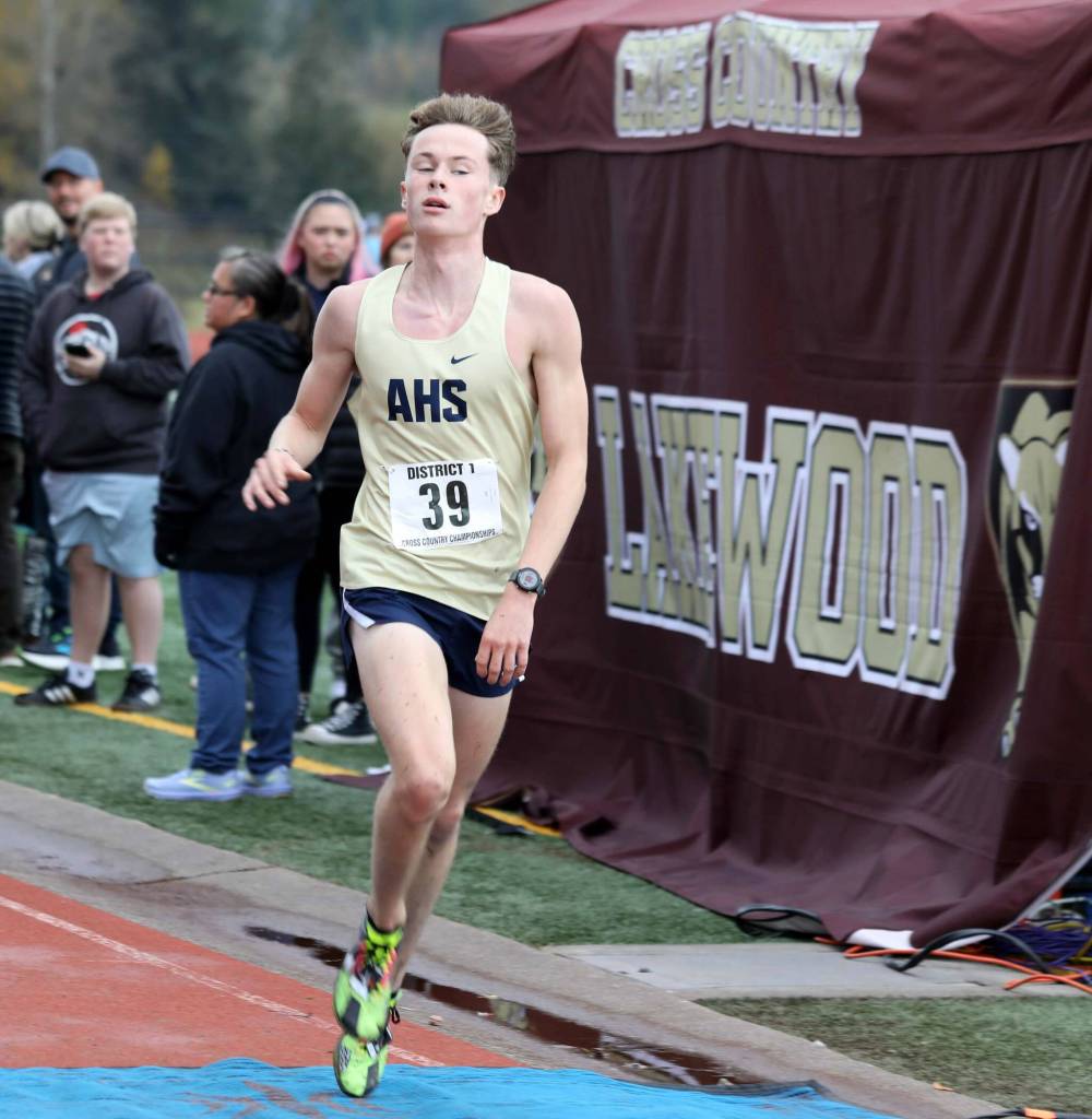 Arlington senior Grady Fournier crosses the finish line during the District 1/2 Cross Country Championships at Lakewood High School in Arlington, Wash., on Nov. 2, 2024. Fournier finished second in the 4A boys race. (Taras McCurdie / The Herald)