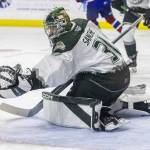 Silvertips Jesse Sanche blocks a shot during the game against the Edmonton Oil Kings on Friday, Oct. 25, 2024 in Everett, Washington. (Olivia Vanni / The Herald)