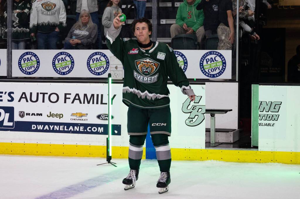 Everett Silvertips defenseman Landon DuPont, 15, on the rink inside Angel of the Winds Arena. The Western Hockey League selected DuPont as the WHL Rookie of the Week for the week ending Sept. 29. DuPont tallied four assists through Everetts first three games of the 2024-25 season. (Photo courtesy of Everett Silvertips)