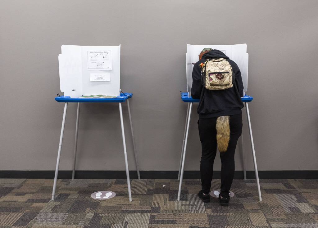 Rousing Fox fills out a ballot at the Snohomish County Auditors Office on Tuesday, Nov. 5, 2024 in Everett, Washington. (Olivia Vanni / The Herald)