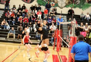 Archbishop Murphy sophomore setter/pin hitter Teuila Halalilo prepares to hit the ball in a Wesco 3A/2A South matchup against Edmonds-Woodway in Everett, Wash., on Oct. 9, 2024. (Taras McCurdie / The Herald)