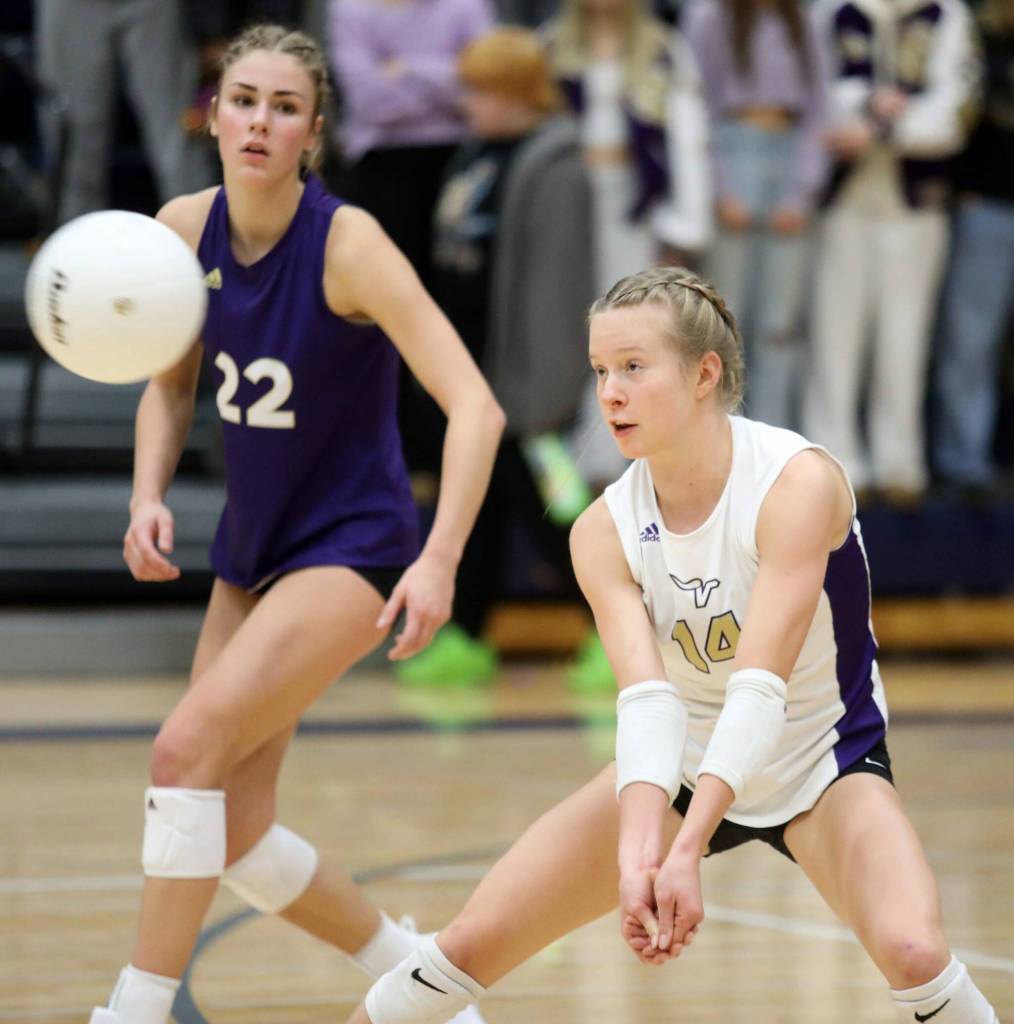 Lake Stevens freshman defensive setter Audrey Iseminger returns the ball after a serve during the Wesco 4A title game against Glacier Peak in Snohomish, Wash., on Monday, Nov. 4, 2024. The Vikings won in four sets, 3-1. (Taras McCurdie / The Herald)