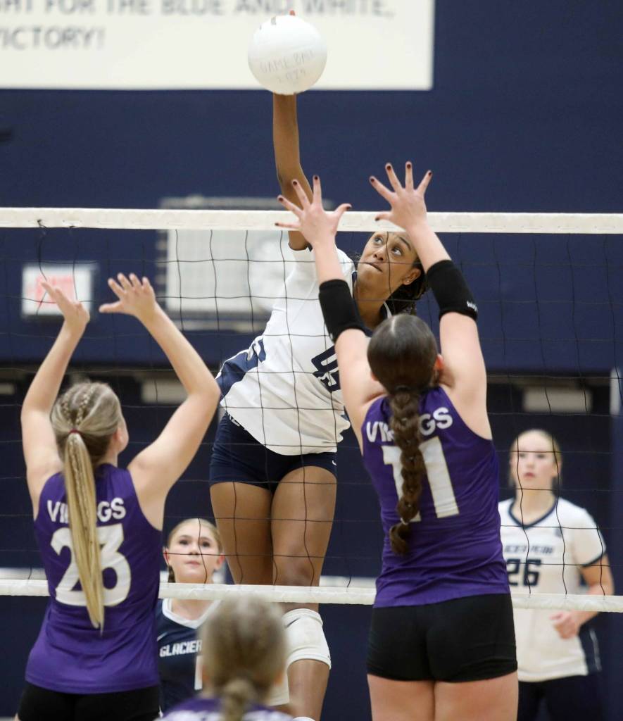 Glacier Peak senior middle blocker Hanna Ligons hits the ball over the net during the Wesco 4A title game against Lake Stevens in Snohomish, Wash., on Monday, Nov. 4, 2024. The Vikings won in four sets, 3-1. (Taras McCurdie / The Herald)