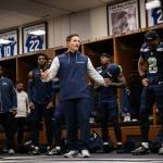Seahawks coach Mike Macdonald addresses the team in the locker room at Lumen Field after a 26-20 loss to the Los Angeles Rams on Sunday, Nov. 3, 2024. (Photo courtesy of Rod Mar / Seattle Seahawks)
