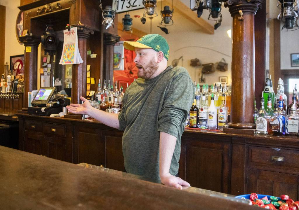 Blaine Brown, owner of the Whistling Post Saloon and a longtime resident who was raised in Skykomish, talks about the noticeable increase in power outages over the past few years on Monday, Nov. 4, 2024 in Skykomish, Washington. (Olivia Vanni / The Herald)