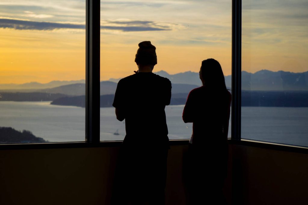 View to Puget Sound and Olympic Mountains from the Sky View Observatory, on the 73rd floor of the Columbia Center in downtown Seattle.