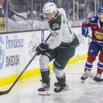 Silvertips’ Julias Miettinen skates down the ice with the puck during the game against the Edmonton Oil Kings on Friday, Oct. 25, 2024 in Everett, Washington. (Olivia Vanni / The Herald)