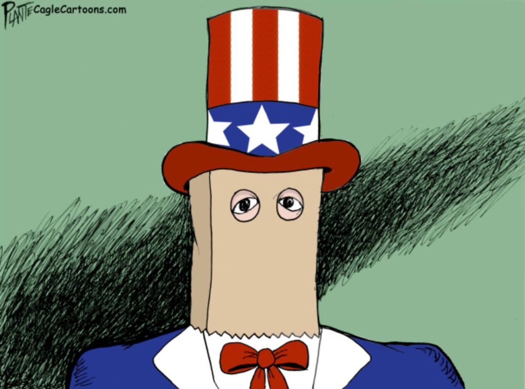 Uncle Sam hiding his face with a paper bag, Election, 2024, Donald J. Trump, embarrassed, upset, sick, disappointed, Kamala Harris, RNC, GOP, Republican Party, MAGA, Democratic Party, DNC