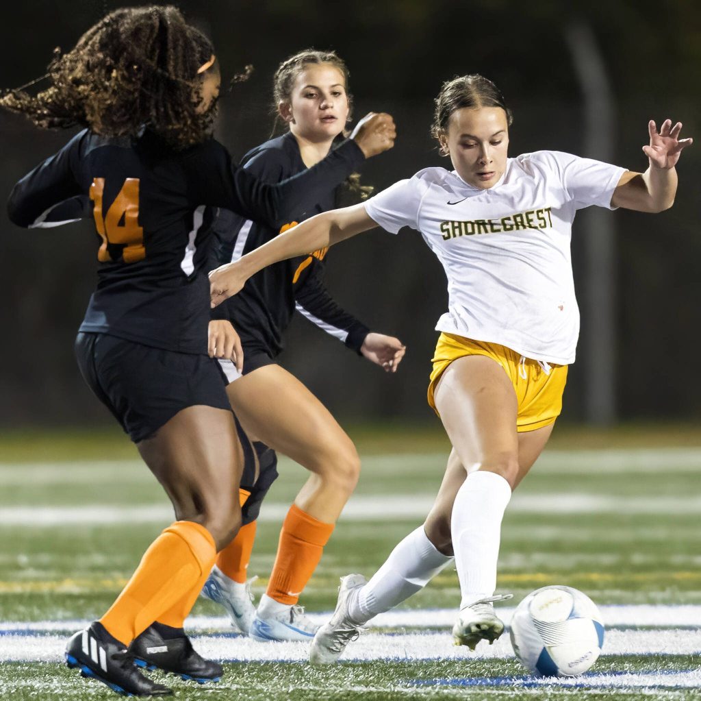 Shorecrests Olivia Taylor dribbles the ball across the field during the 3A district game against Monroe on Thursday, Nov. 7, 2024 in Shoreline, Washington. (Olivia Vanni / The Herald)