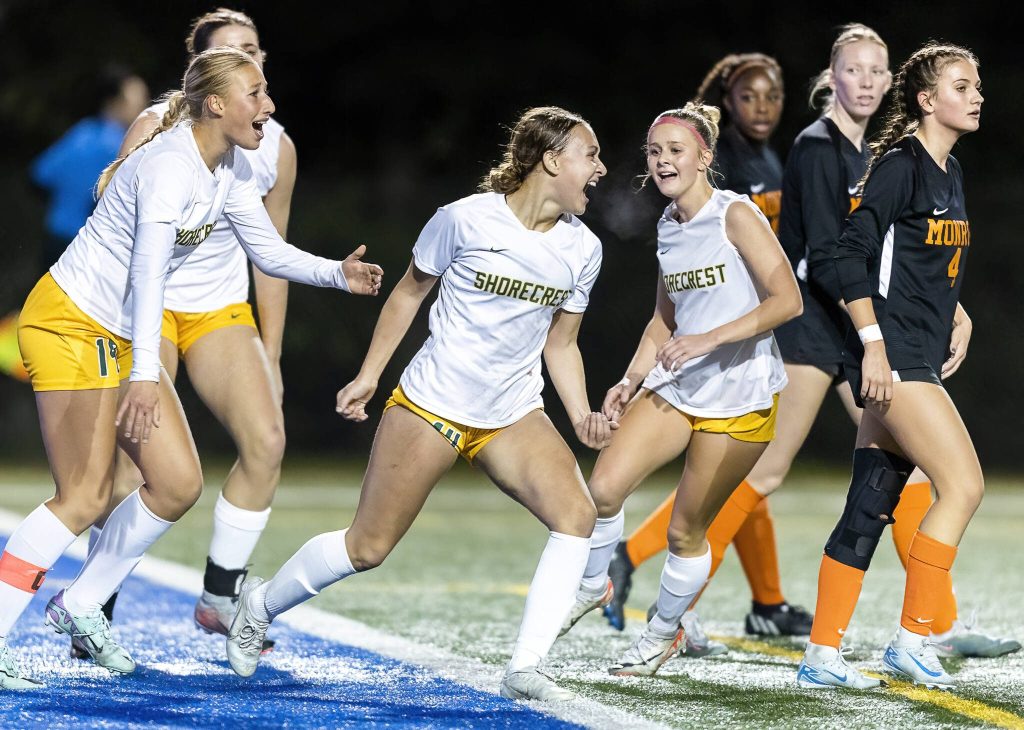 Shorecrests Olivia Taylor celebrates after scoring during the 3A district game against Monroe on Thursday, Nov. 7, 2024 in Shoreline, Washington. (Olivia Vanni / The Herald)