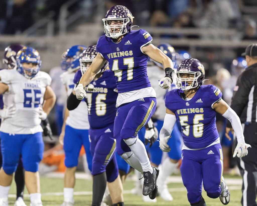 A Lake Stevens player celebrates forcing a turnover during the 4A district game against Tahoma on Friday, Nov. 8, 2024 in Lake Stevens, Washington. (Olivia Vanni / The Herald)