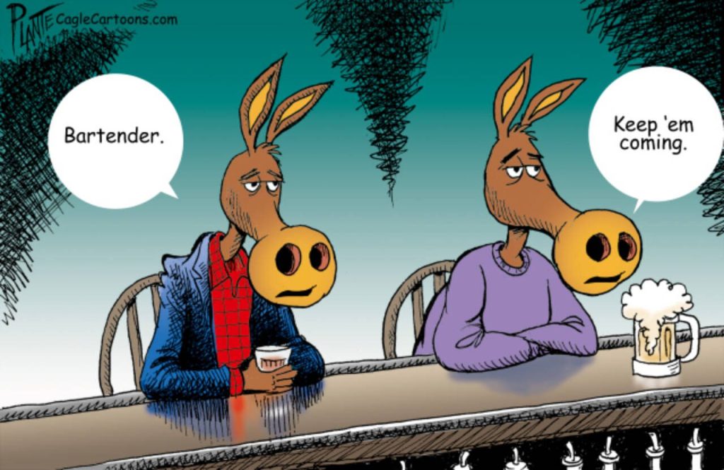 Two sad democrats sitting at a bar, Democratic Party, post-Trump election, 2024, campaign, democracy, drinking, slosh, drowning their sorrows, loss