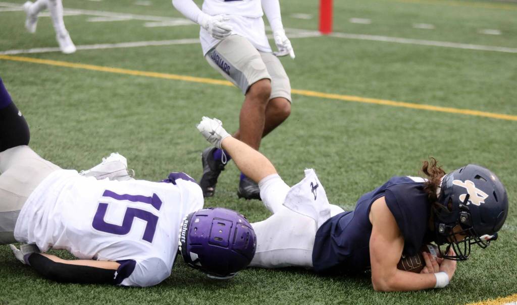 Arlington senior wide receiver Chase Deberry falls into the end zone after securing a pass during a district winner-to-state, loser-out Round of 32 game at John C. Larson Stadium in Arlington, Wash., on Saturday, Nov. 9, 2024. The Eagles won 56-35. (Taras McCurdie / The Herald)