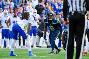 Tyrel Dodson (0), who was waived by the Seahawks on Monday, lines up against the Buffalo Bills on Sunday, Oct. 27, 2024. (Photo courtesy of the Seattle Seahawks)