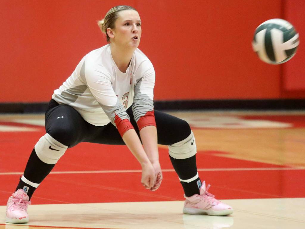 Stanwood junior defensive setter Lyla Henken returns a serve during a District 1 3A quarterfinals match against Monroe in Stanwood, Wash., on Tuesday, Nov. 12, 2024. The Spartans won 3-1. (Taras McCurdie / The Herald)