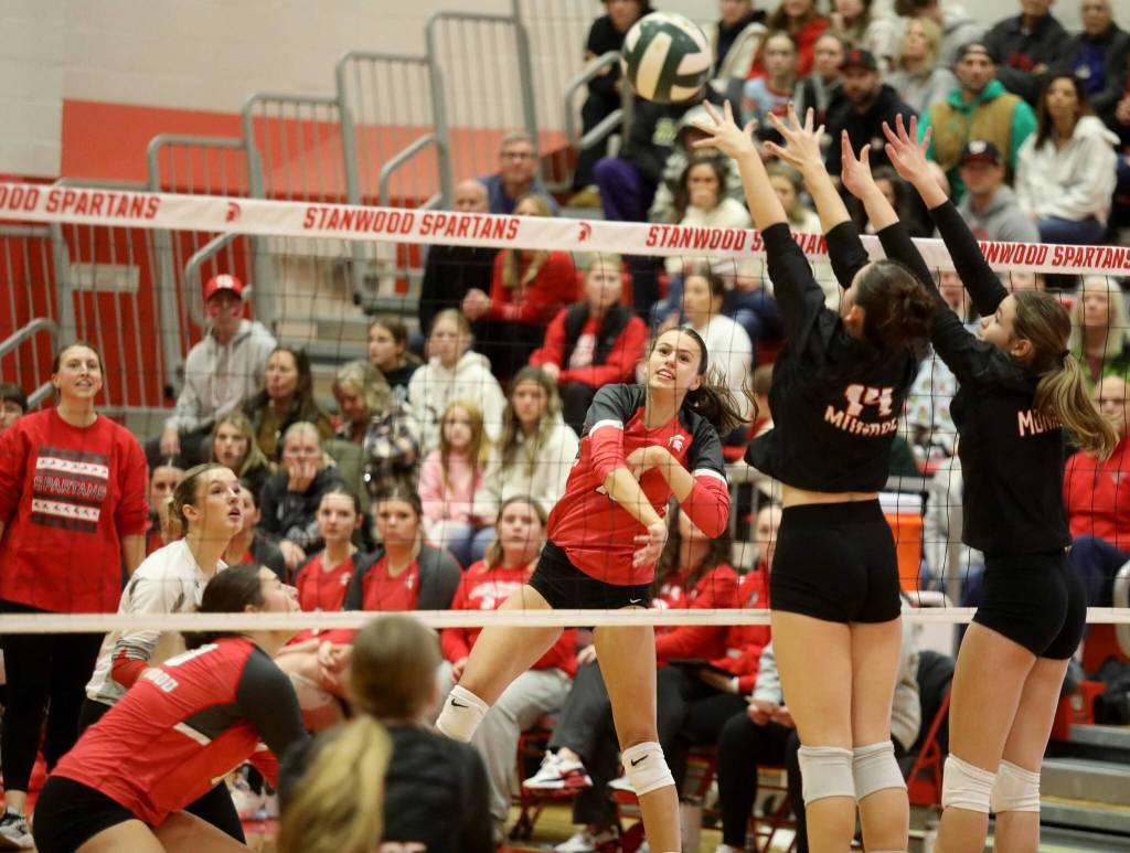 Stanwood sophomore outside hitter Whitney Longspaugh hits the ball during a District 1 3A quarterfinals match against Monroe in Stanwood, Wash., on Tuesday, Nov. 12, 2024. The Spartans won 3-1. (Taras McCurdie / The Herald)