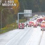 A state Department of Transportation traffic camera from Highway 527 shows the aftermath of a school bus crash Wednesday afternoon on I-405. (Photo provided by the state Department of Transportation)
