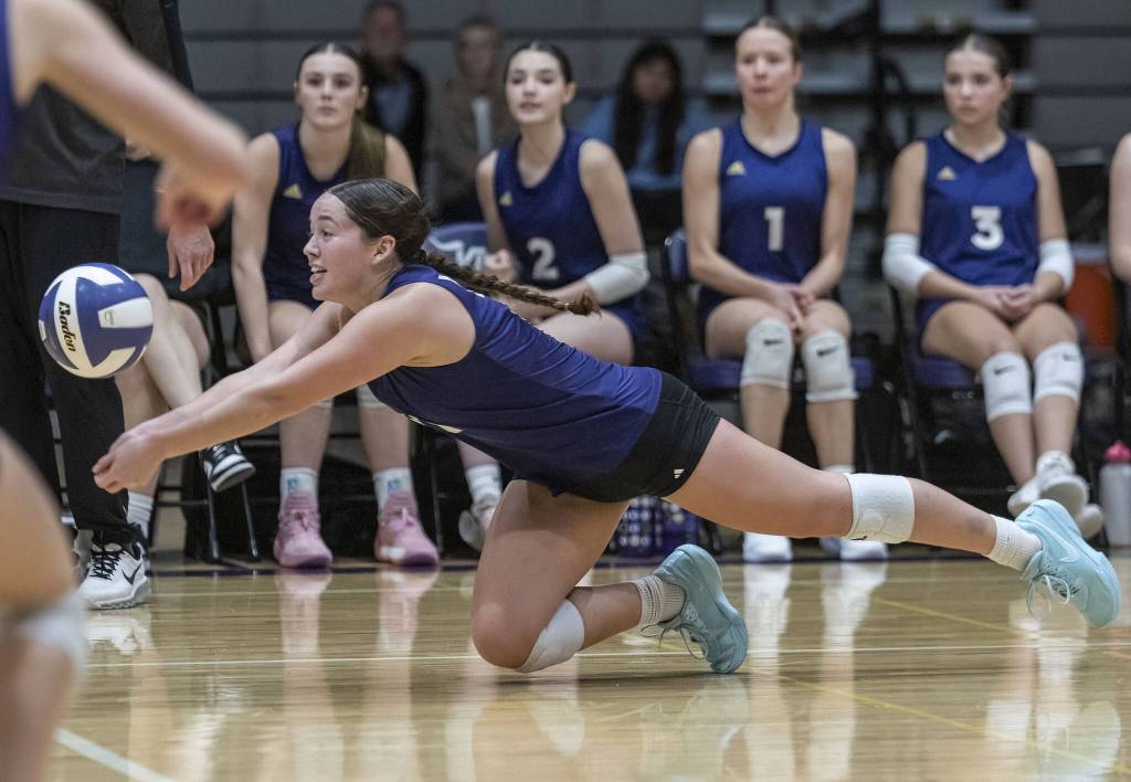Lake Stevens Olivia Gonzales lays out for the ball during the 4A district semifinal game on Thursday, Nov. 14, 2024 in Lynnwood, Washington. (Olivia Vanni / The Herald)