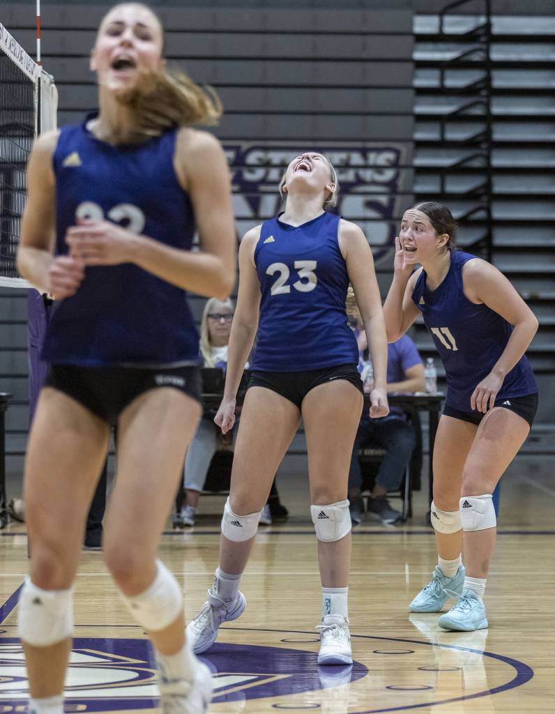 Lake Stevens players react to scoring a point during the 4A district semifinal game on Thursday, Nov. 14, 2024 in Lynnwood, Washington. (Olivia Vanni / The Herald)