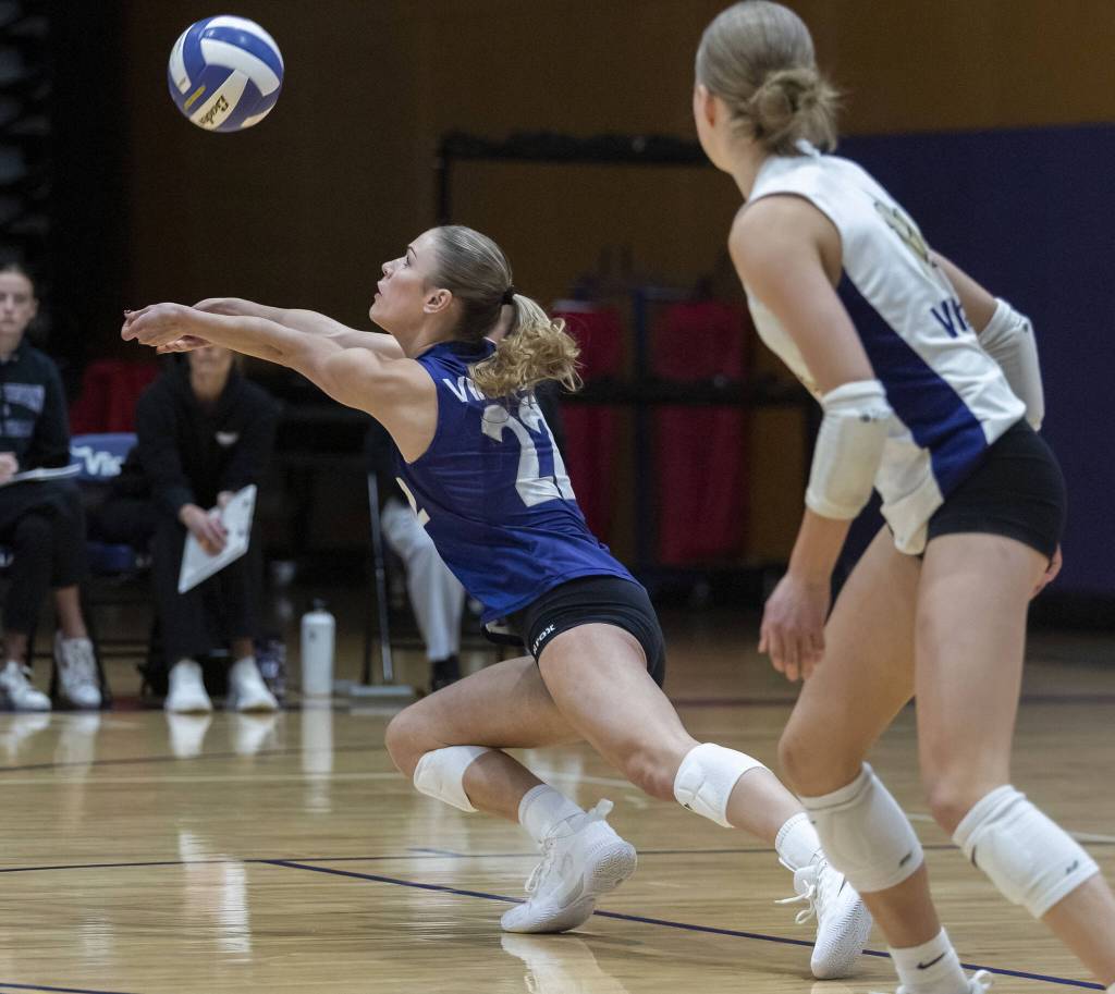 Lake Stevens’ Laura Eichert lays out for the ball during the 4A district semifinal game on Thursday, Nov. 14, 2024 in Lynnwood, Washington. (Olivia Vanni / The Herald)