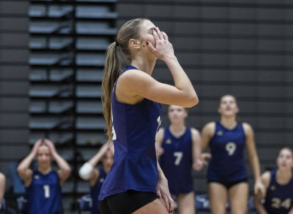 Lake Stevens Laura Eichert reacts to missing the ball during the 4A district semifinal game on Thursday, Nov. 14, 2024 in Lynnwood, Washington. (Olivia Vanni / The Herald)