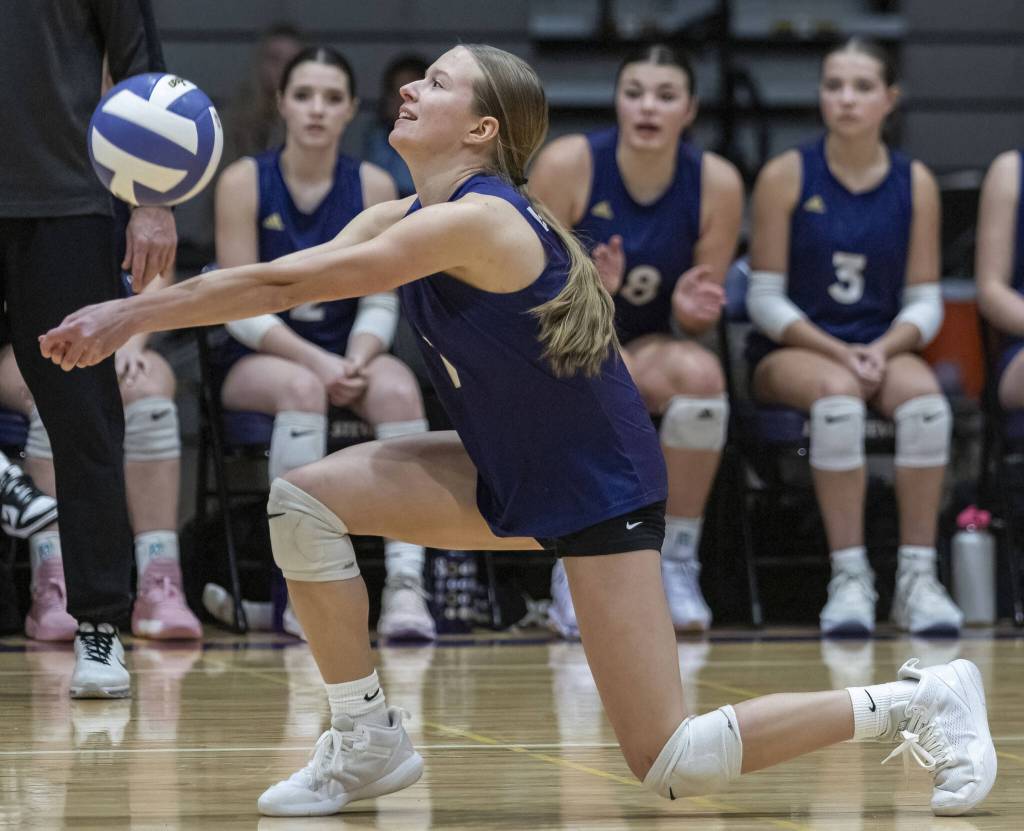 Lake Stevens Ella Iseminger bumps the ball during the 4A district semifinal game on Thursday, Nov. 14, 2024 in Lynnwood, Washington. (Olivia Vanni / The Herald)
