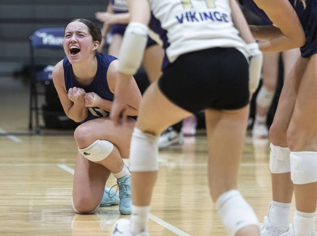 Lake Stevens Olivia Gonzales reacts to beating Eastlake in the 4A district semifinal game to advance to the final on Thursday, Nov. 14, 2024 in Lynnwood, Washington. (Olivia Vanni / The Herald)